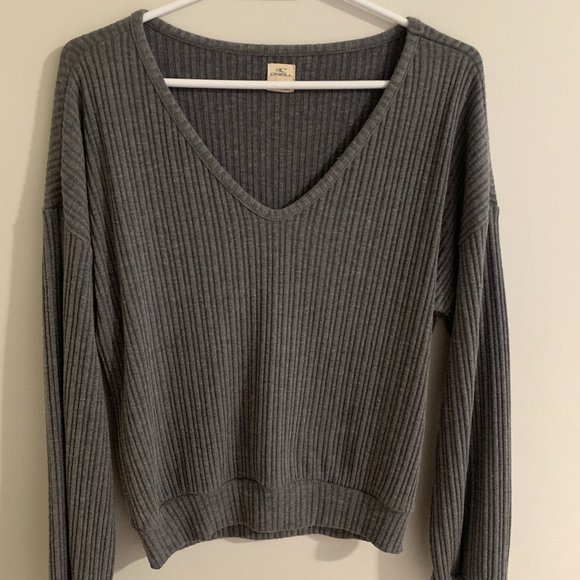 Grey O'Neill Women's V Neck Long Sleeve Top Ribbed - Picture 1 of 4